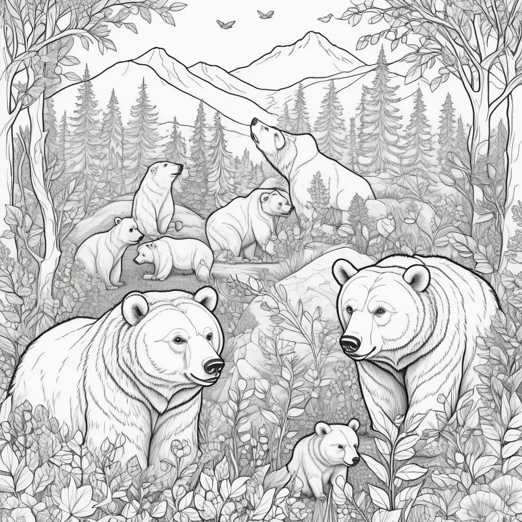 自然の中でクマをフィーチャーしたカラフルな塗り絵のページ