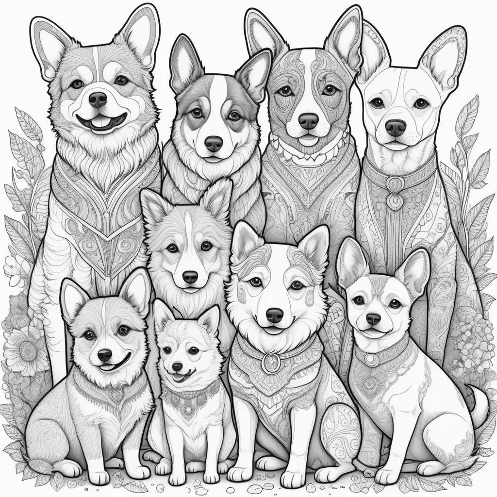 Colorful Coloring Pages Featuring a Family of Dogs