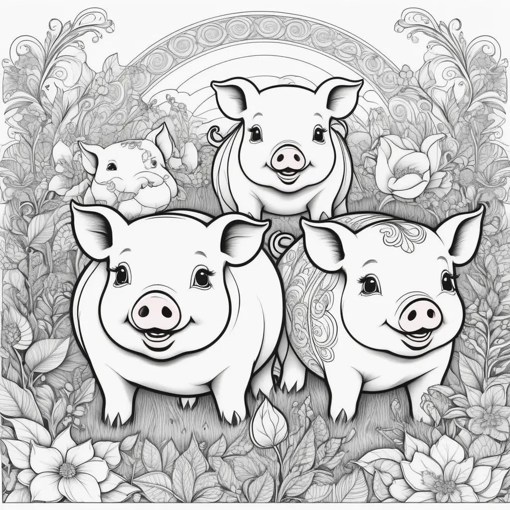 カラフルなぬりえは、花畑の豚を示しています
