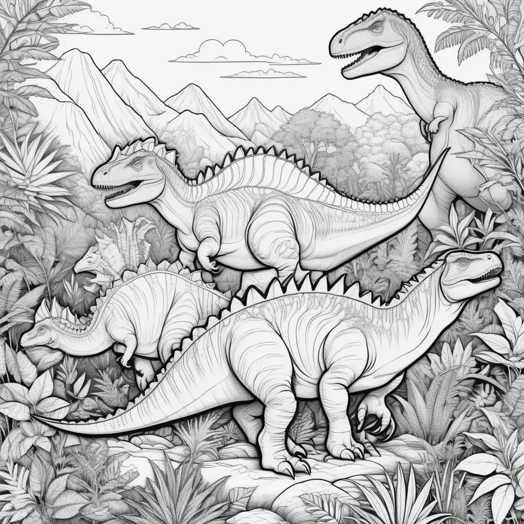 Colorful Coloring Pages Showing Dinosaurs in the Jungle