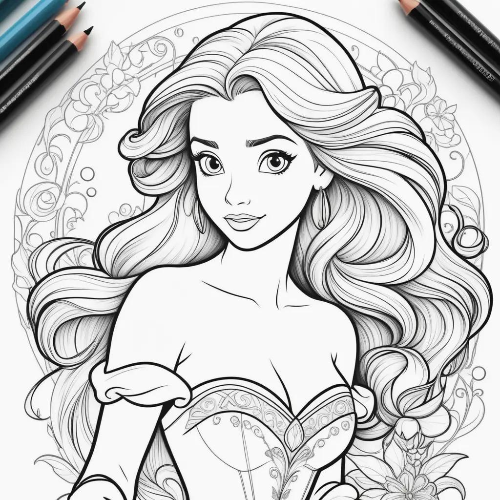 Colorful Disney Princess Ariel coloring pages with pencils