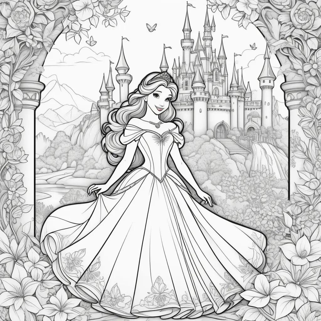 Colorful Disney Princess Coloring Pages with Castle and Flowers