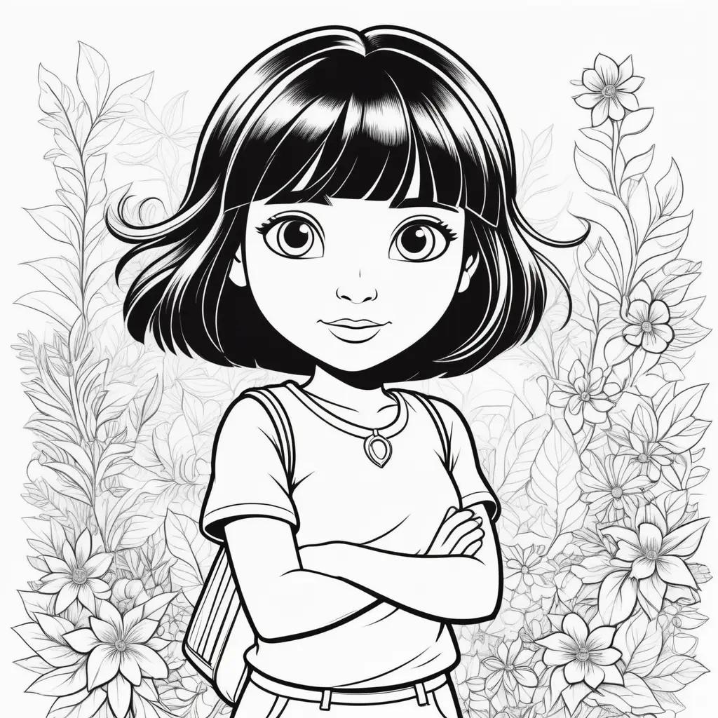 Colorful Dora cartoon coloring pages with flowers