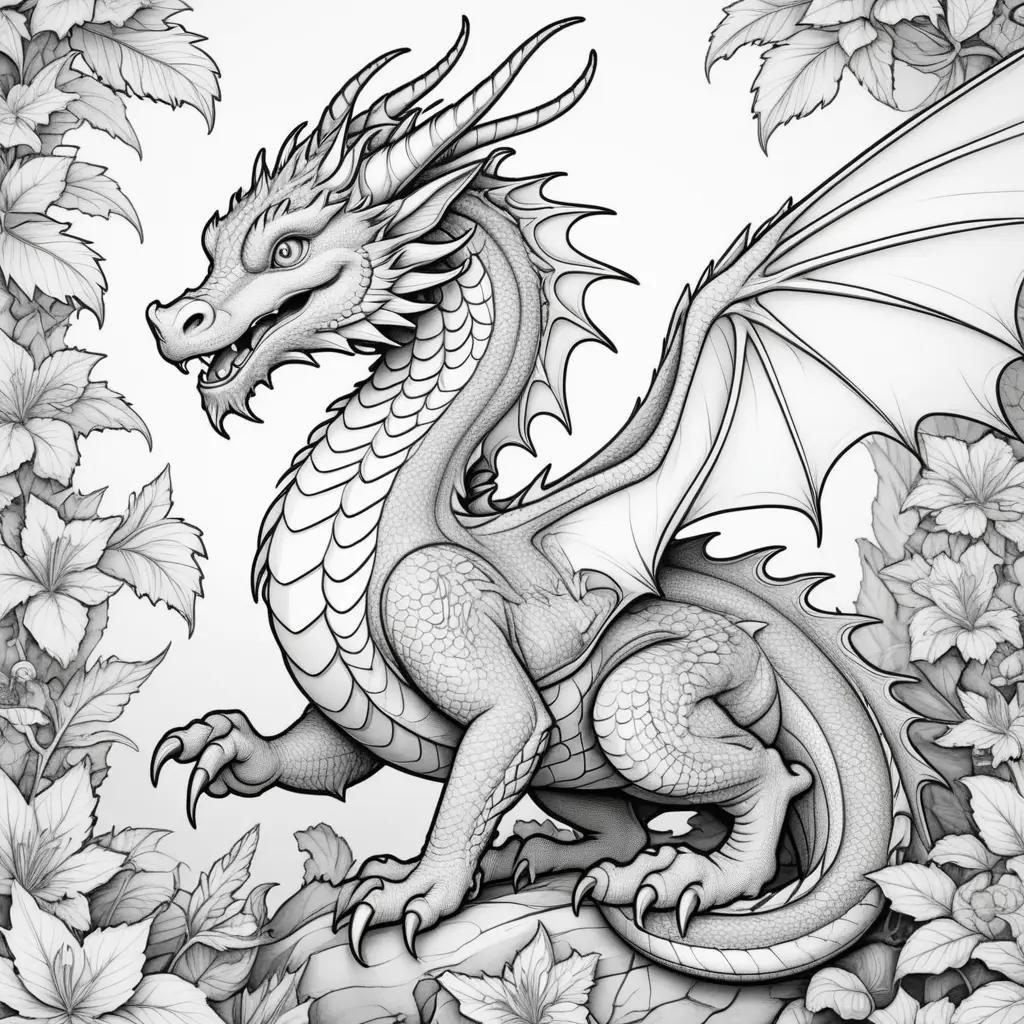 Colorful Dragon Coloring Page With Leaves Around