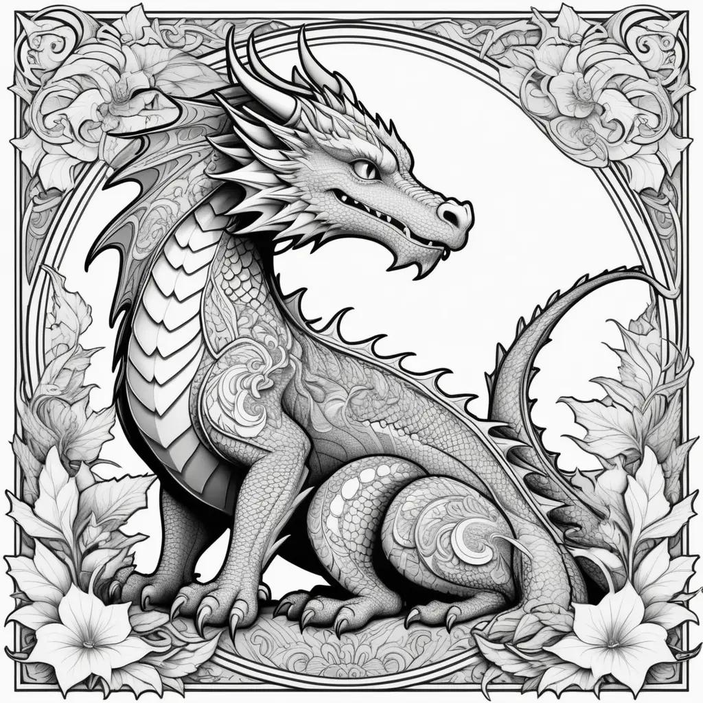 Colorful Dragon Coloring Pages Featuring Leaves and Flowers