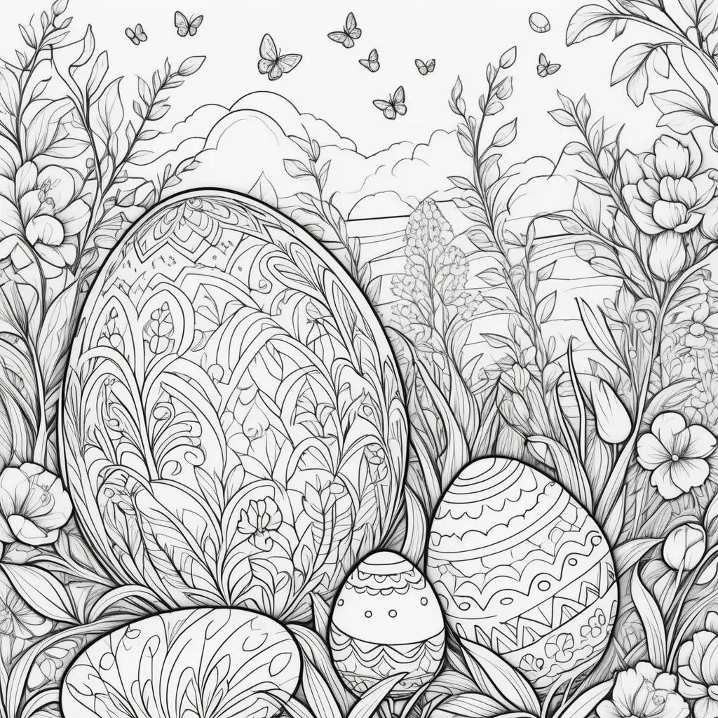 Colorful Easter eggs and flowers in black and white