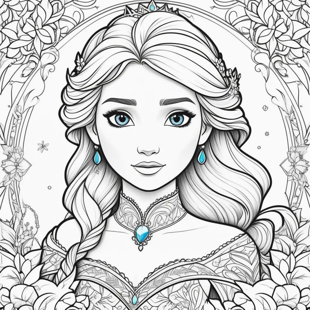 Colorful Elsa Anna Coloring Page with Blue Eyes and Necklace