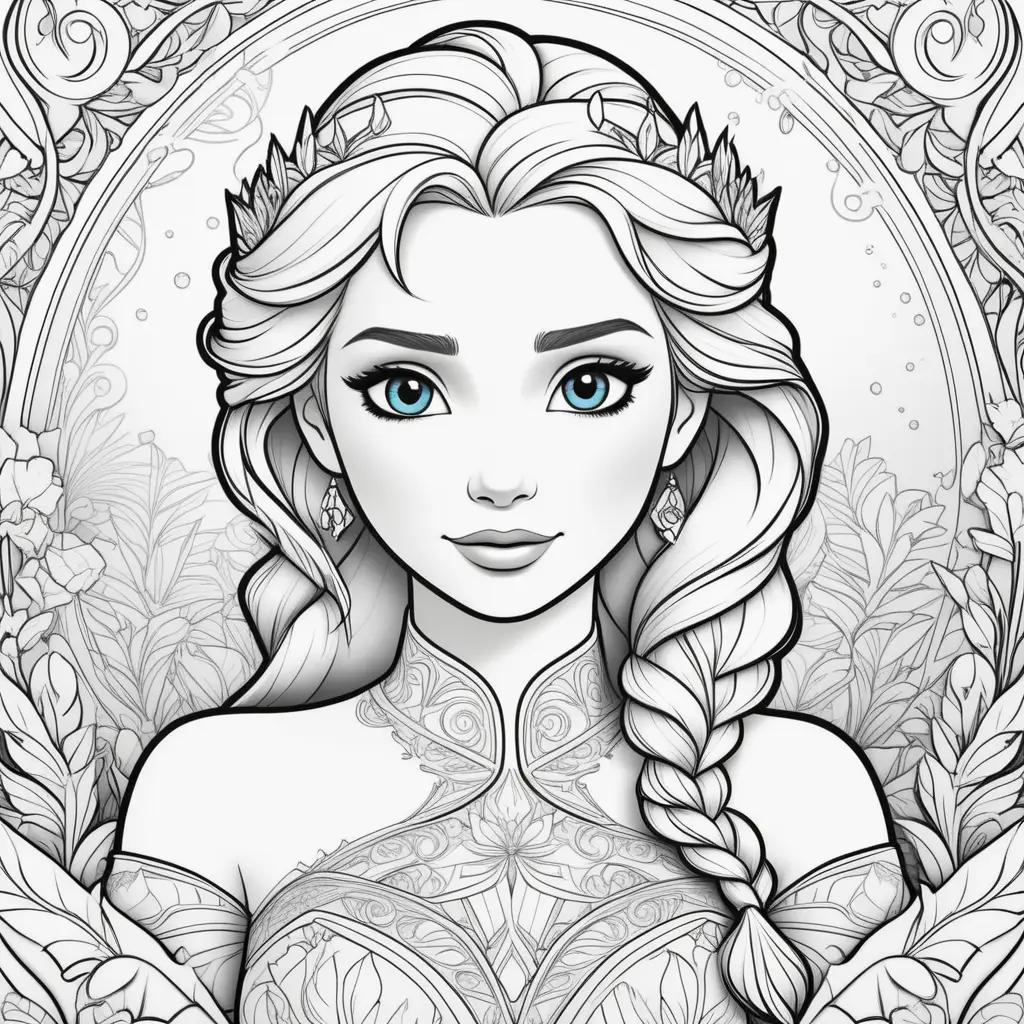 Colorful Elsa Coloring Page with Blue Eyes and Braid