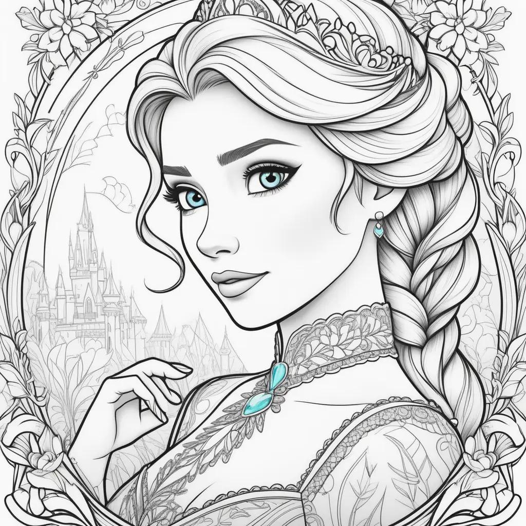 Colorful Elsa and Anna coloring page with castle background