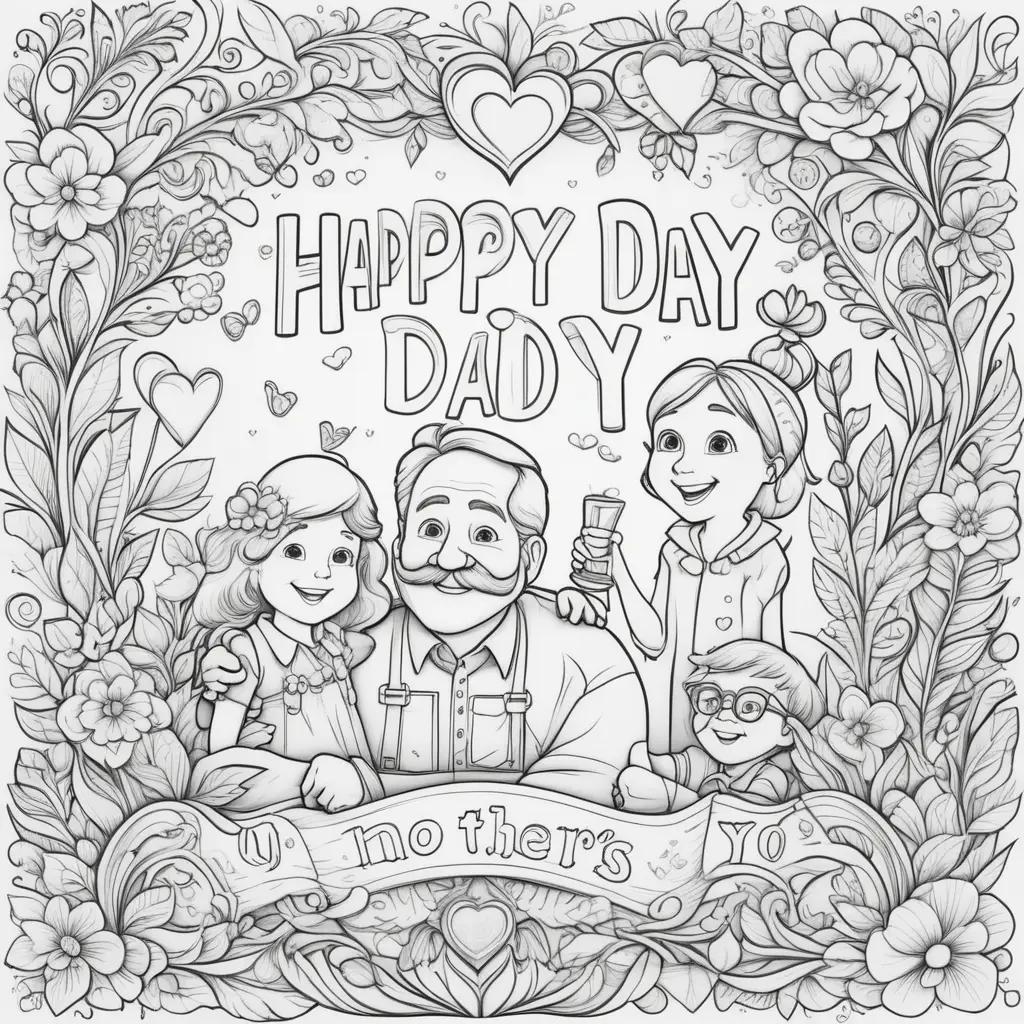 Colorful Fathers Day coloring page featuring a family