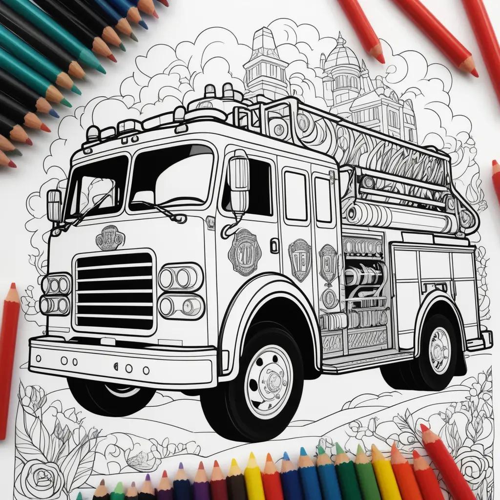 Colorful Fire Truck Coloring Page with Pencils