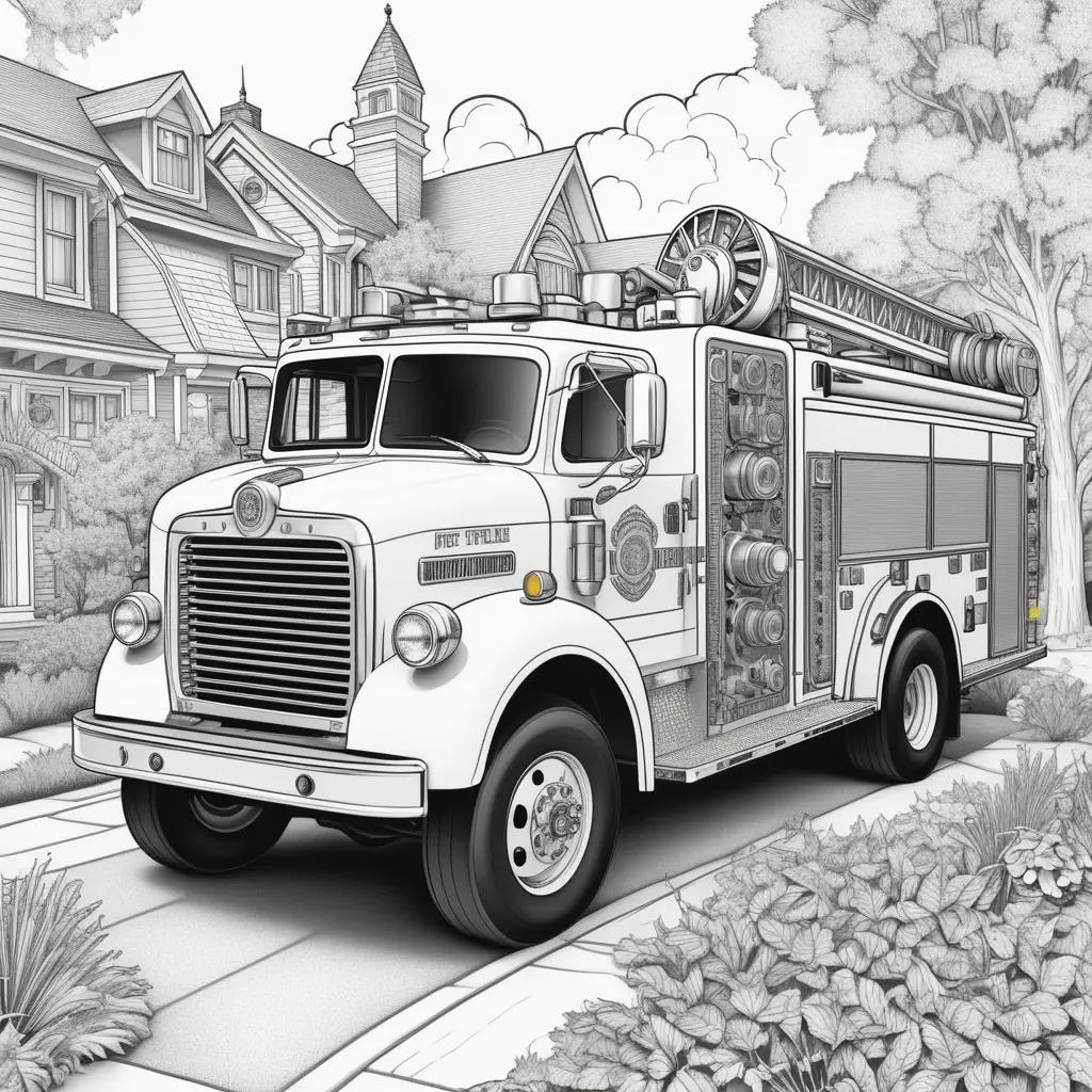 Colorful Fire Truck Coloring Page with Trees and Houses