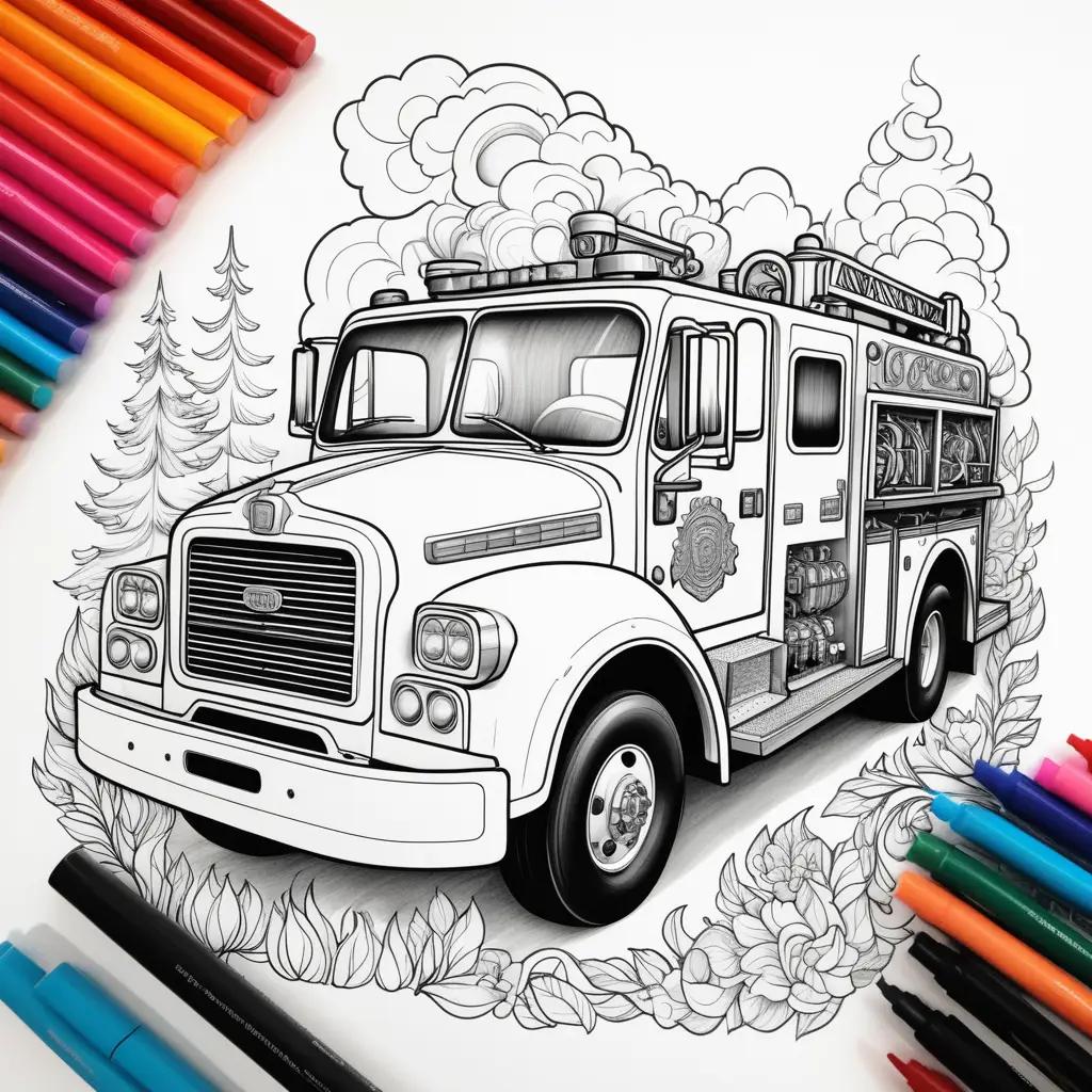 Colorful Fire Truck Coloring Page with Watercolor