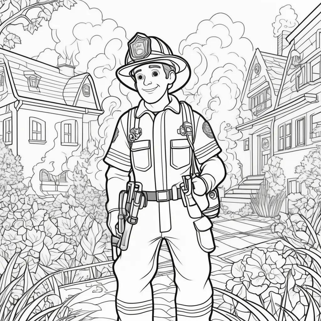 Colorful Firefighter Coloring Page with Firetruck and Hose