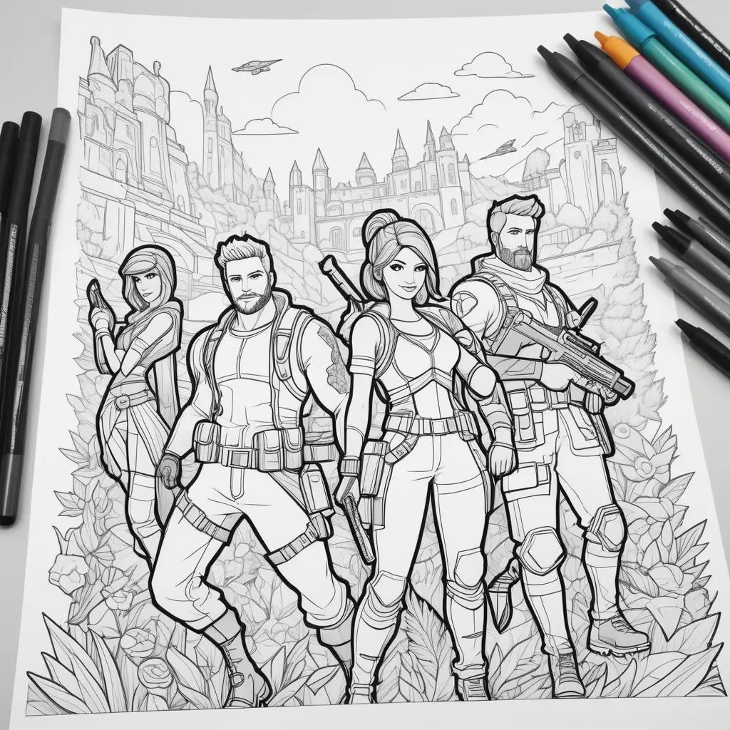 Colorful Fortnite coloring page features four characters