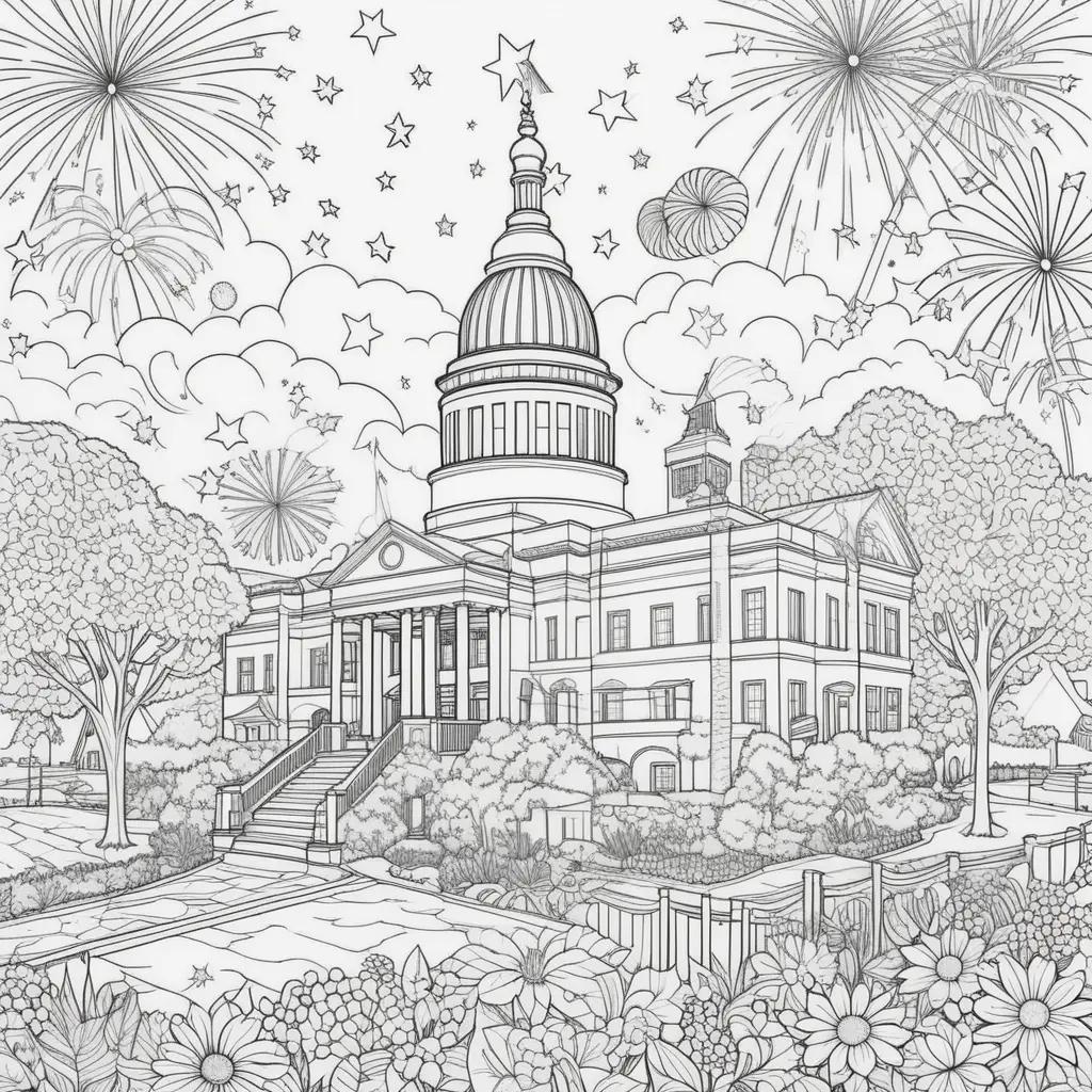 Colorful Fourth of July coloring pages with fireworks and building