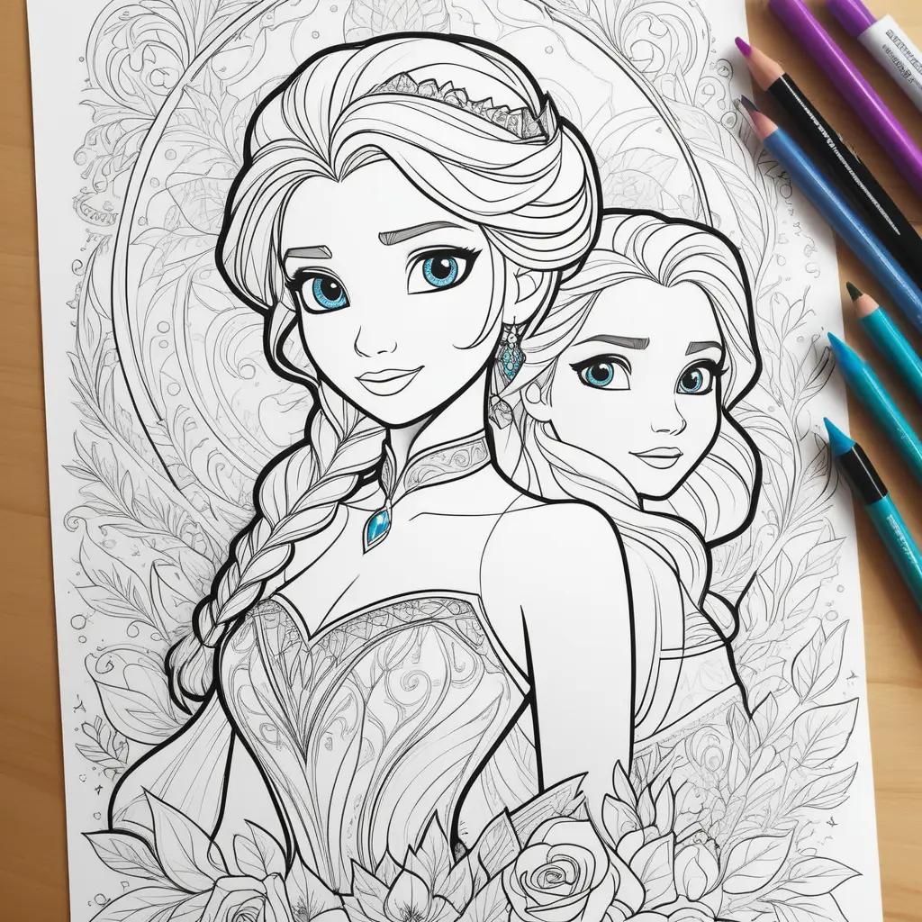 Colorful Frozen coloring pages featuring Anna and Elsa