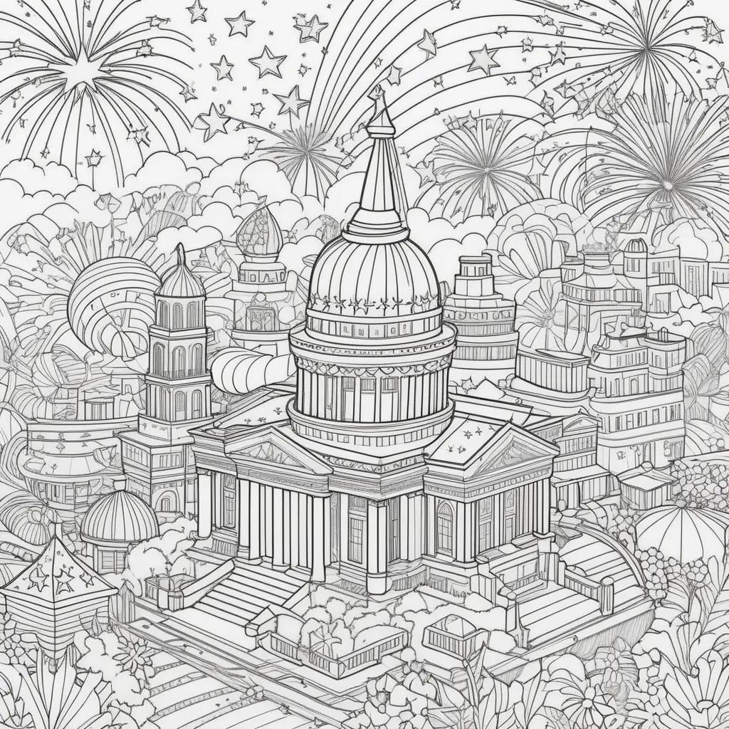 Colorful July 4th coloring pages of a city skyline