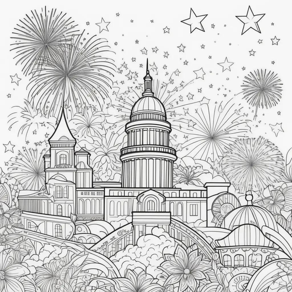 Colorful July 4th coloring pages with fireworks and a building