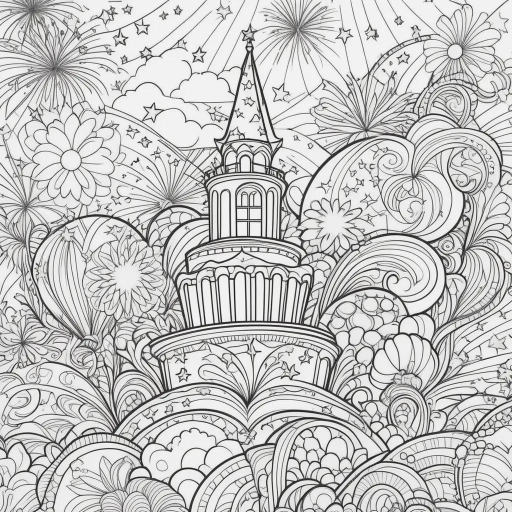 Colorful July 4th coloring pages with fireworks and castle