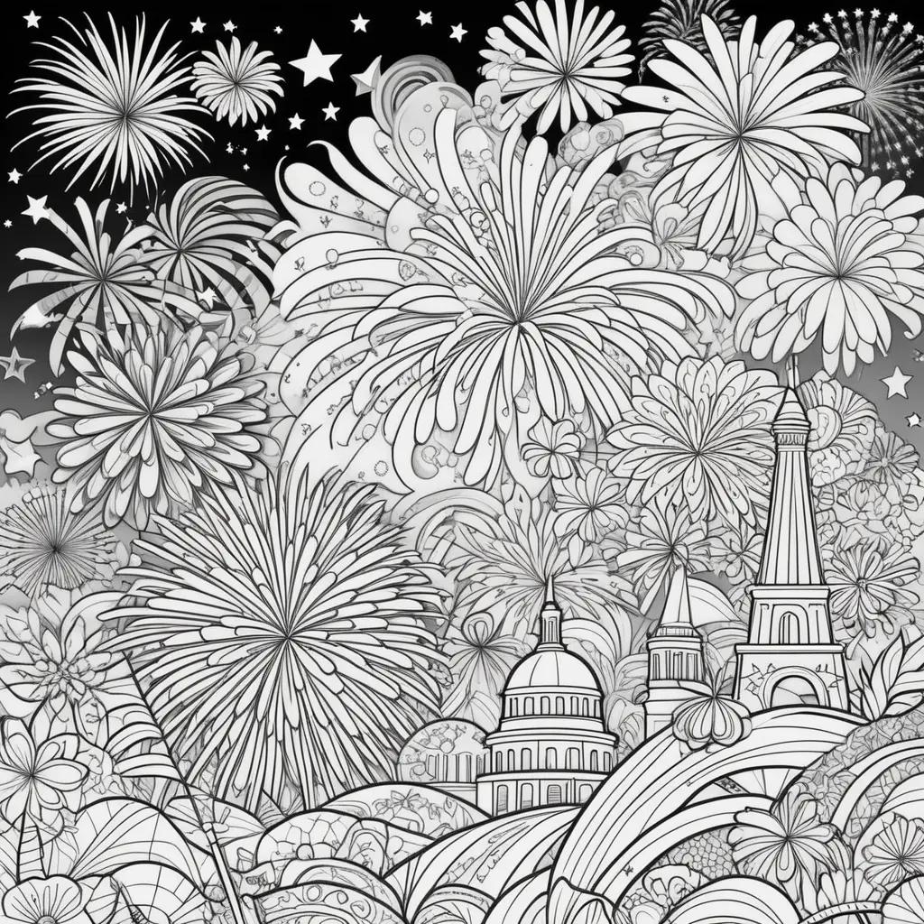 Colorful July 4th coloring pages with fireworks