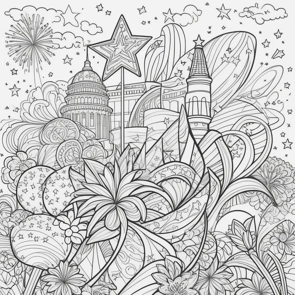 Colorful July 4th coloring pages with stars, fireworks, and a castle