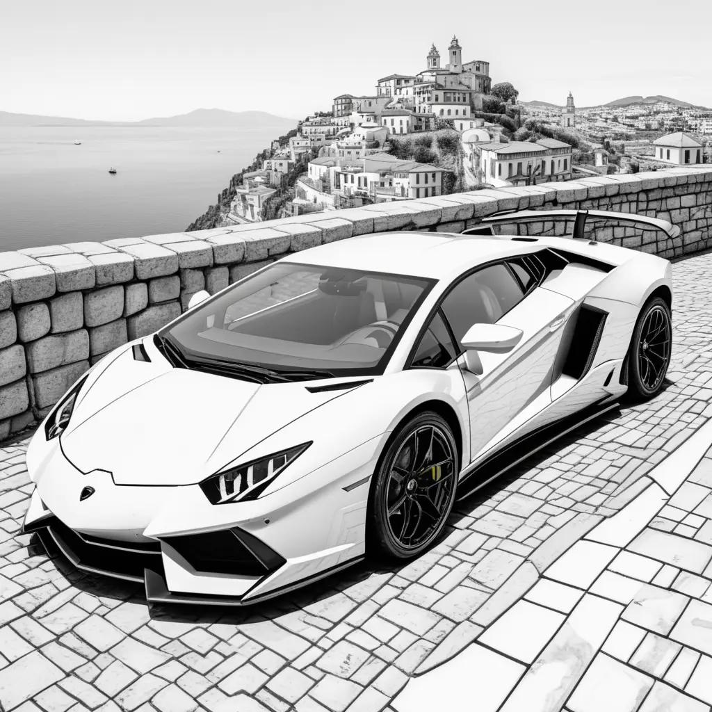 Colorful Lamborghini in a black and white photo