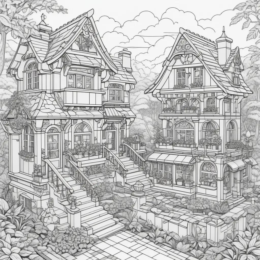 Colorful Lego buildings and trees in a coloring page