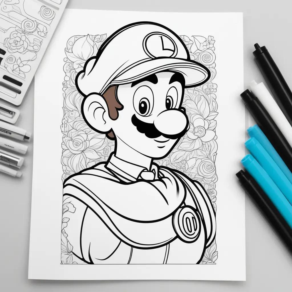 Colorful Luigi Coloring Page with pens and markers