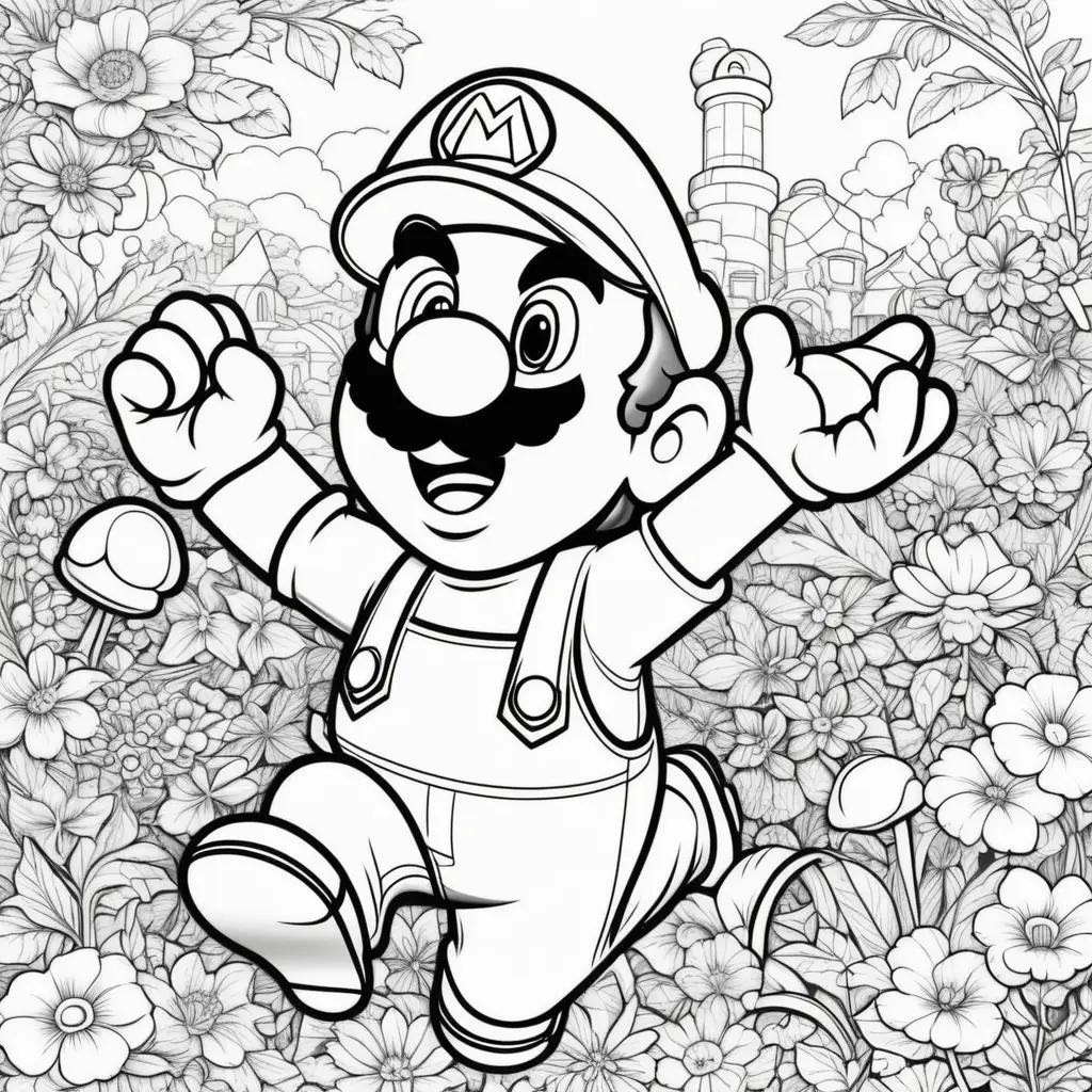 Colorful Mario Coloring Page with Flowers and Flowers