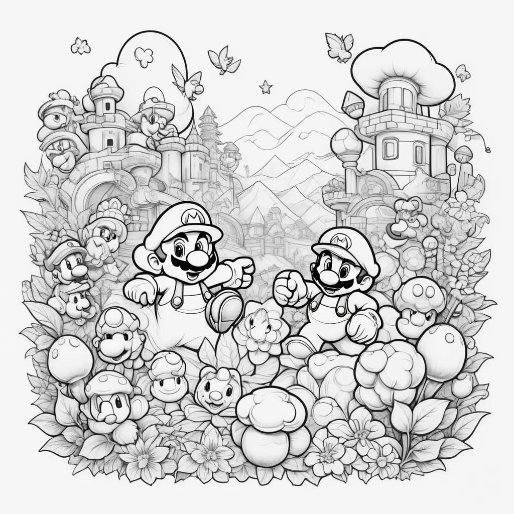 Colorful Mario characters in a black and white coloring page