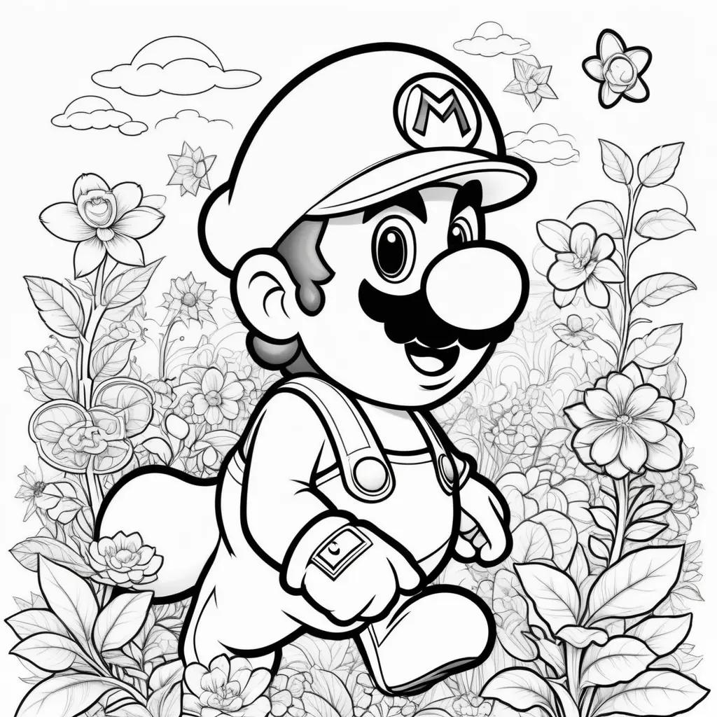 Colorful Mario coloring pages with flowers and butterflies