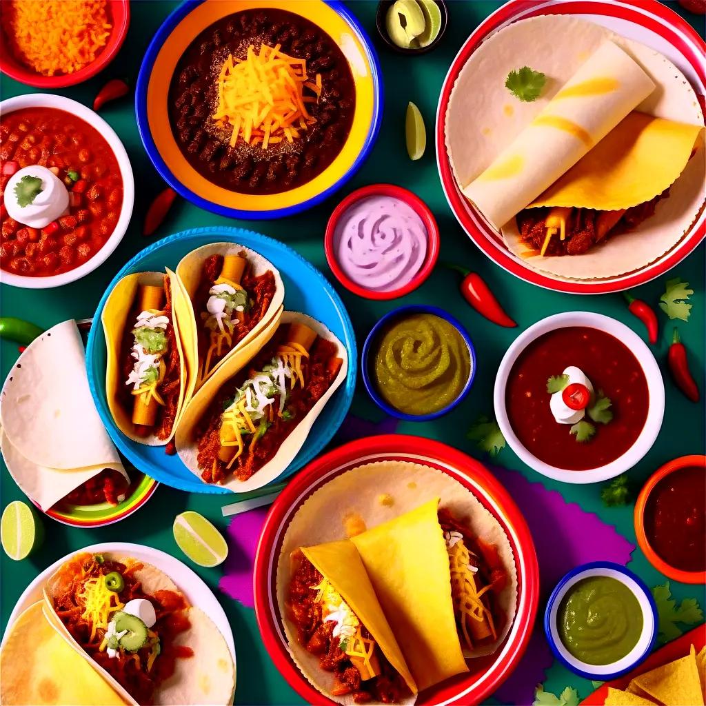 テーブルの上には色とりどりのメキシコ料理とソース