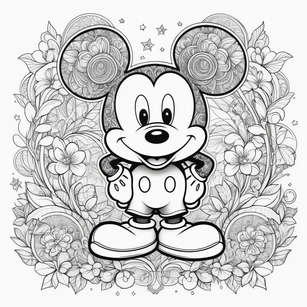 Colorful Mickey Mouse Coloring Page with Flowers and Stars