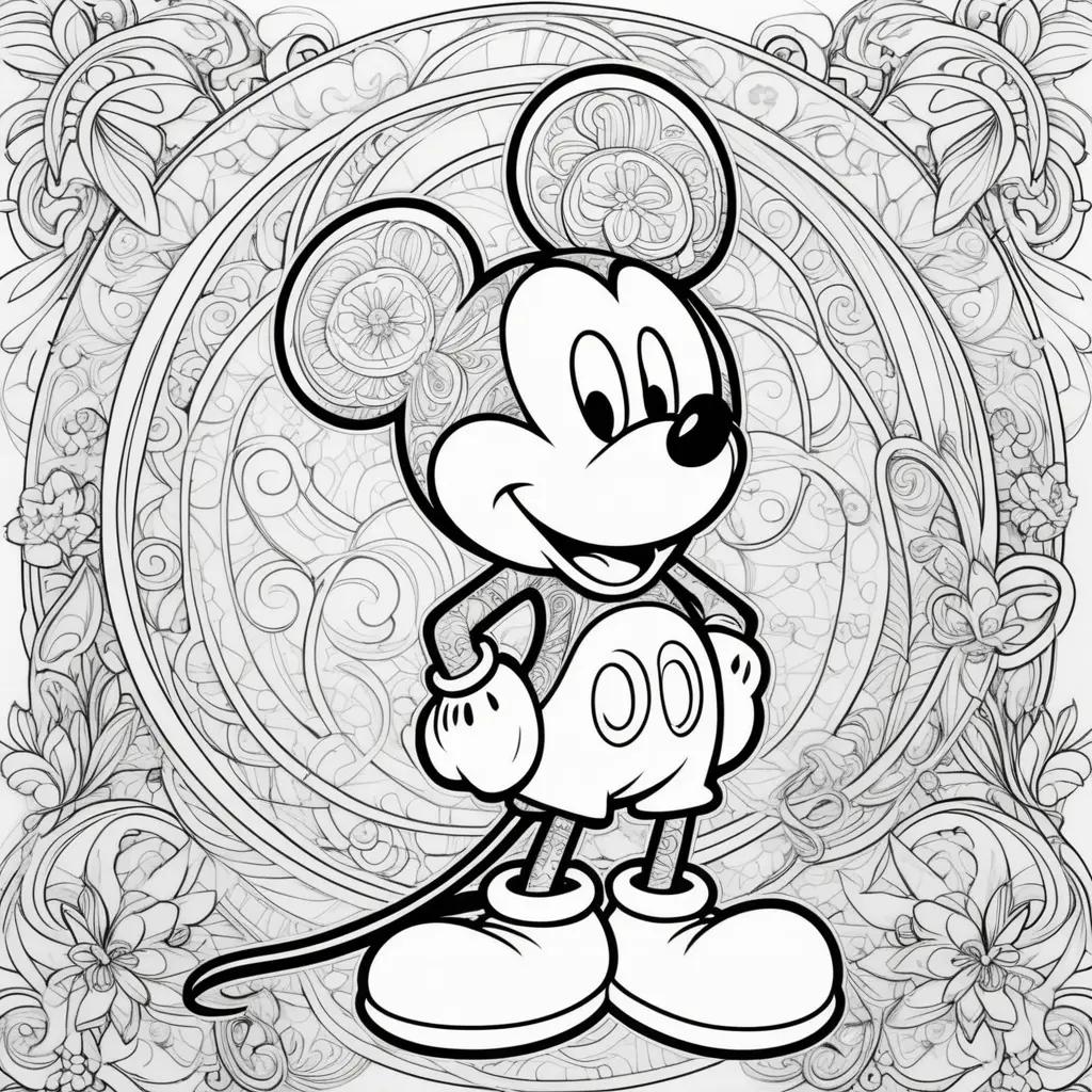 Colorful Mickey Mouse Coloring Page with a Flower Background