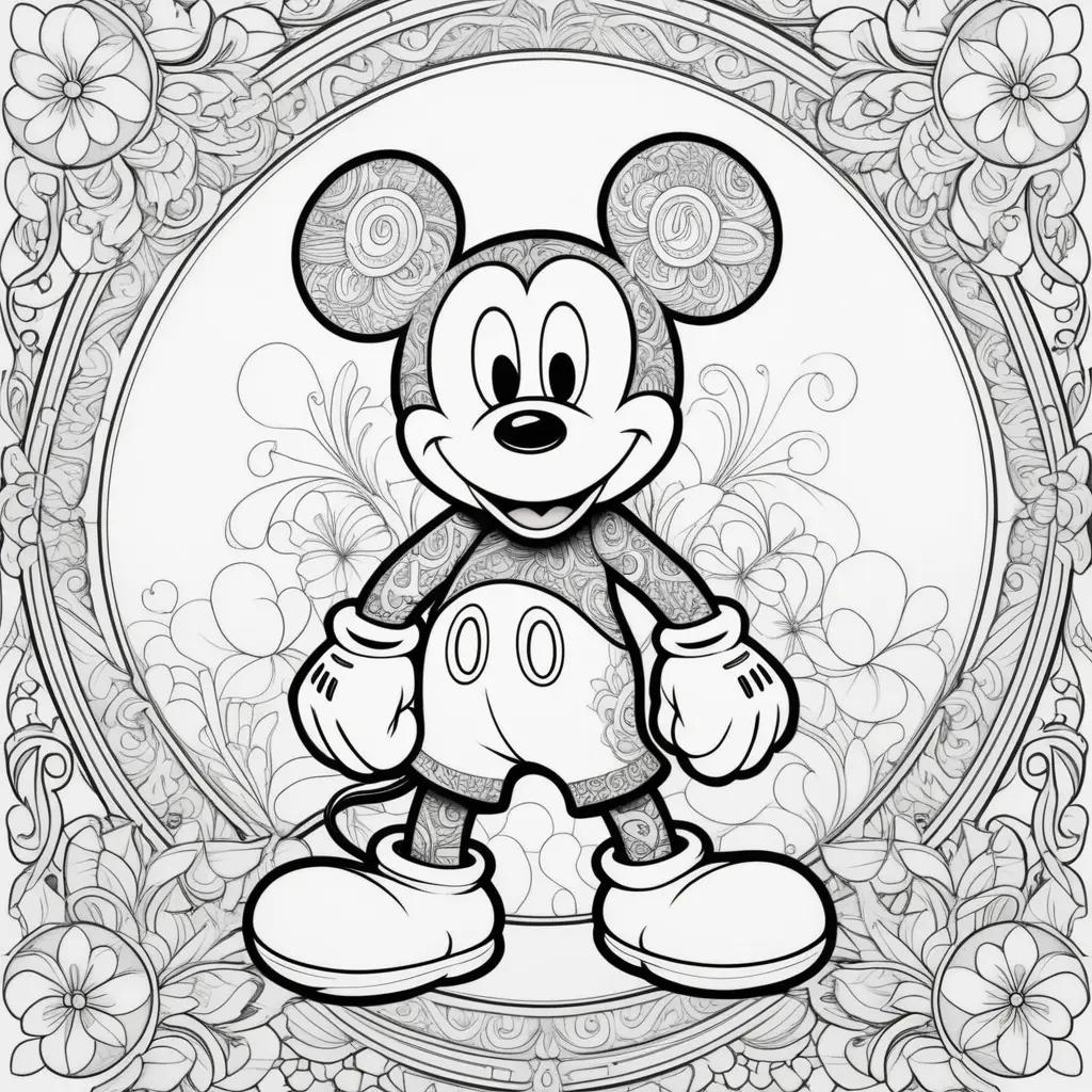 Colorful Mickey Mouse coloring page with floral background