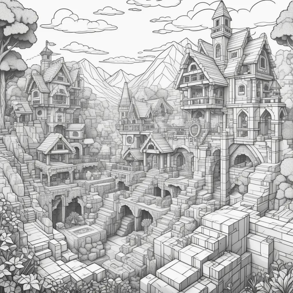 建物や山々が描かれたカラフルなMinecraftページ