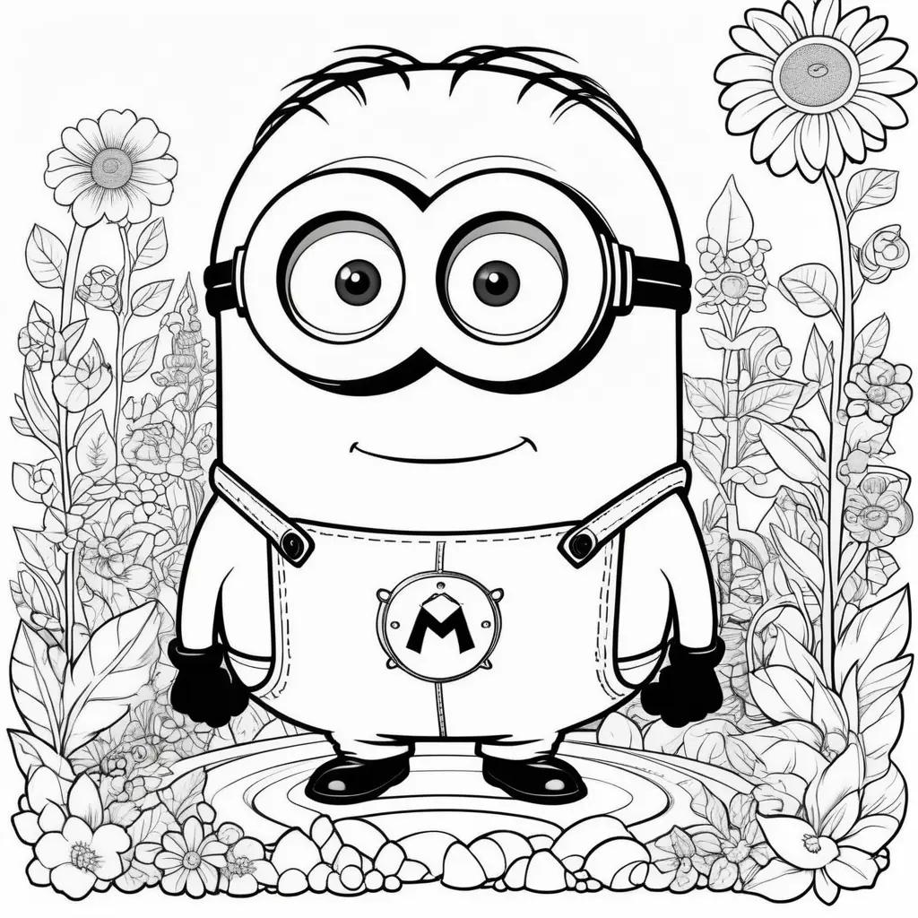 Colorful Minion Coloring Page with a Flower in the Background