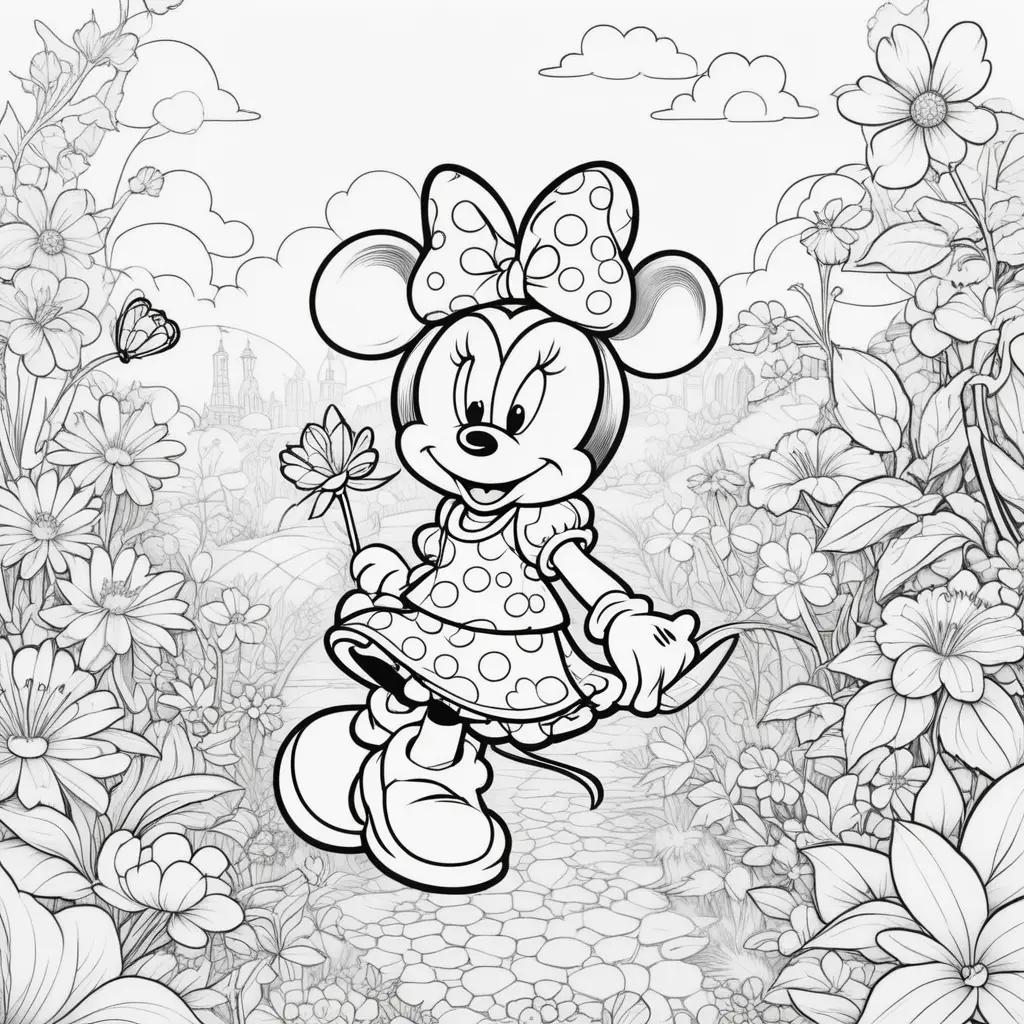 Colorful Minnie Mouse coloring pages with flowers and butterflies