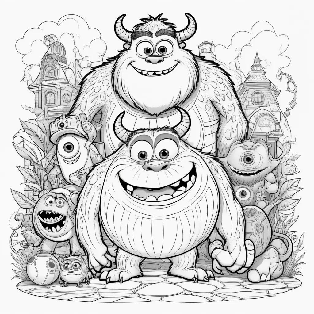 Colorful Monsters Inc coloring pages with characters and houses