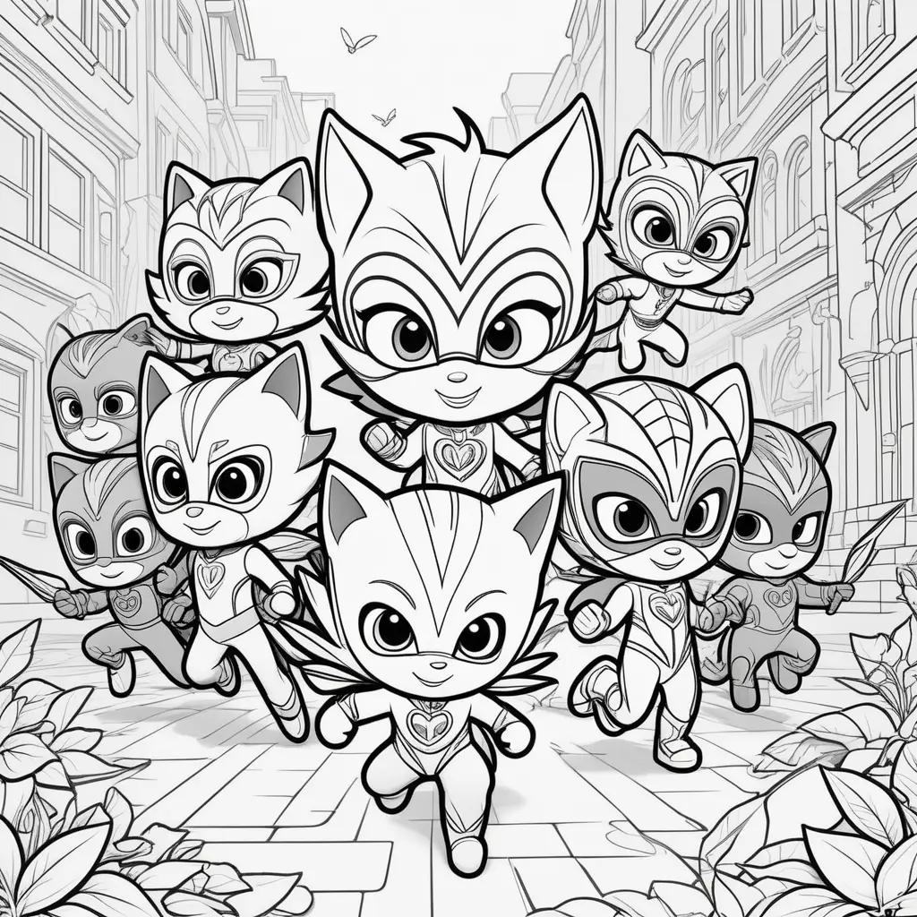 Colorful PJ Masks coloring pages featuring cats and villains