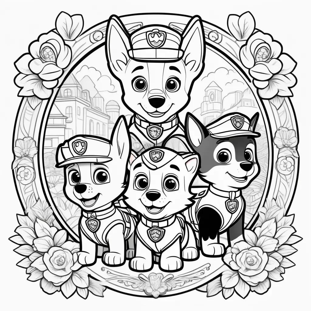 Colorful Paw Patrol coloring page featuring four puppies