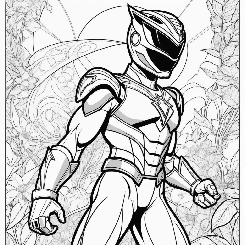 Colorful Power Ranger coloring pages with plants and flowers