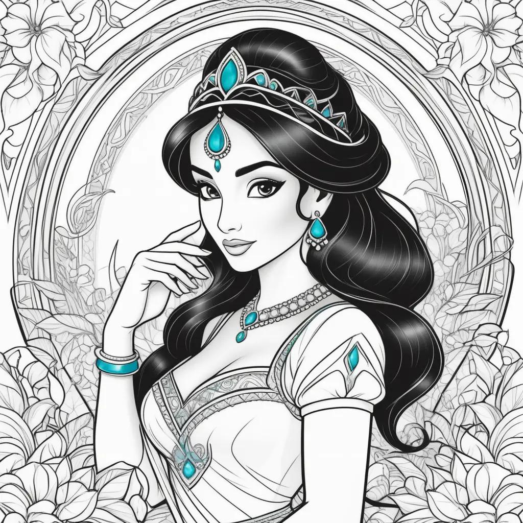 Colorful Princess Jasmine coloring pages for adults