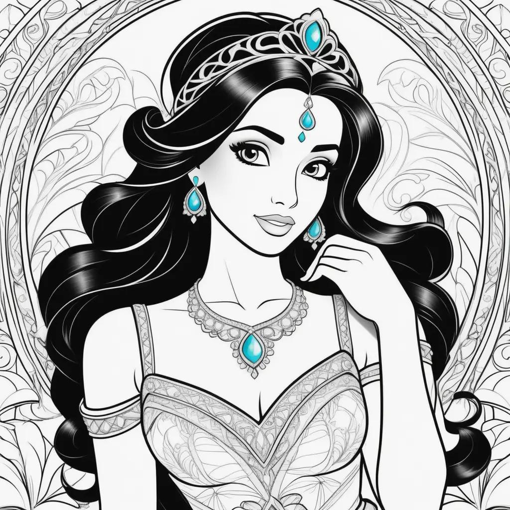 Colorful Princess Jasmine coloring pages with blue earrings