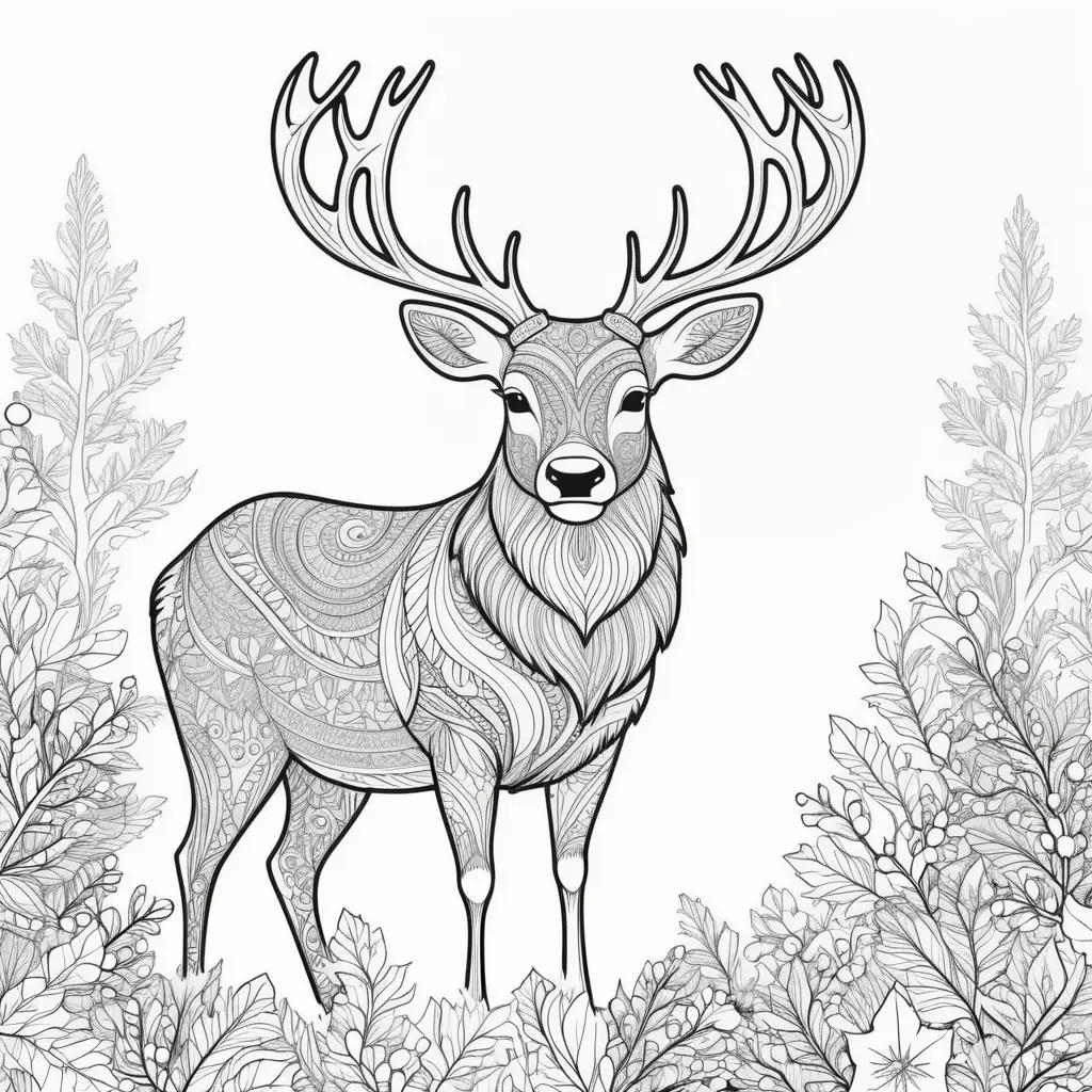 Colorful Reindeer Coloring Pages with Beautiful Leaves Around