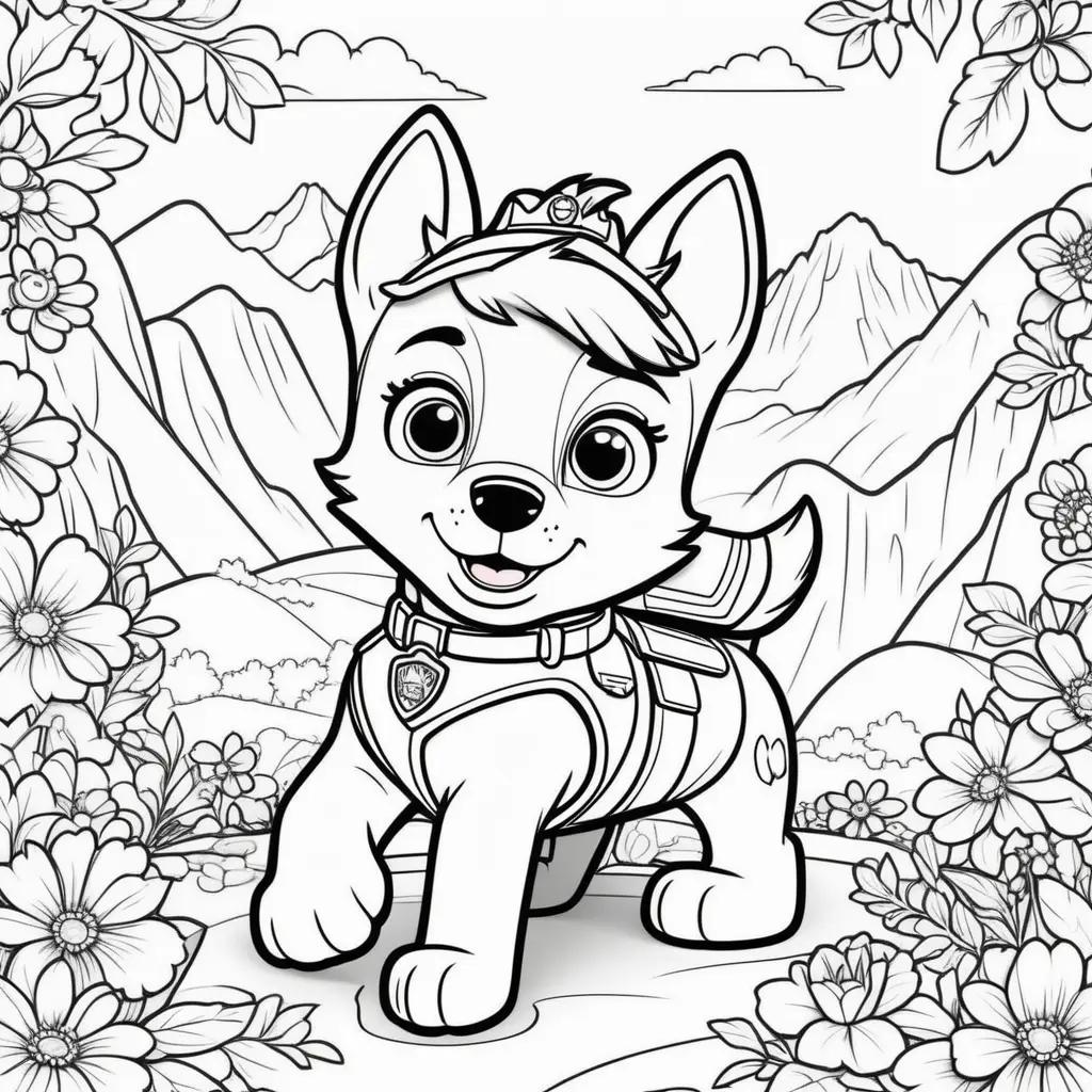 Colorful Skye Paw Patrol coloring page with flowers