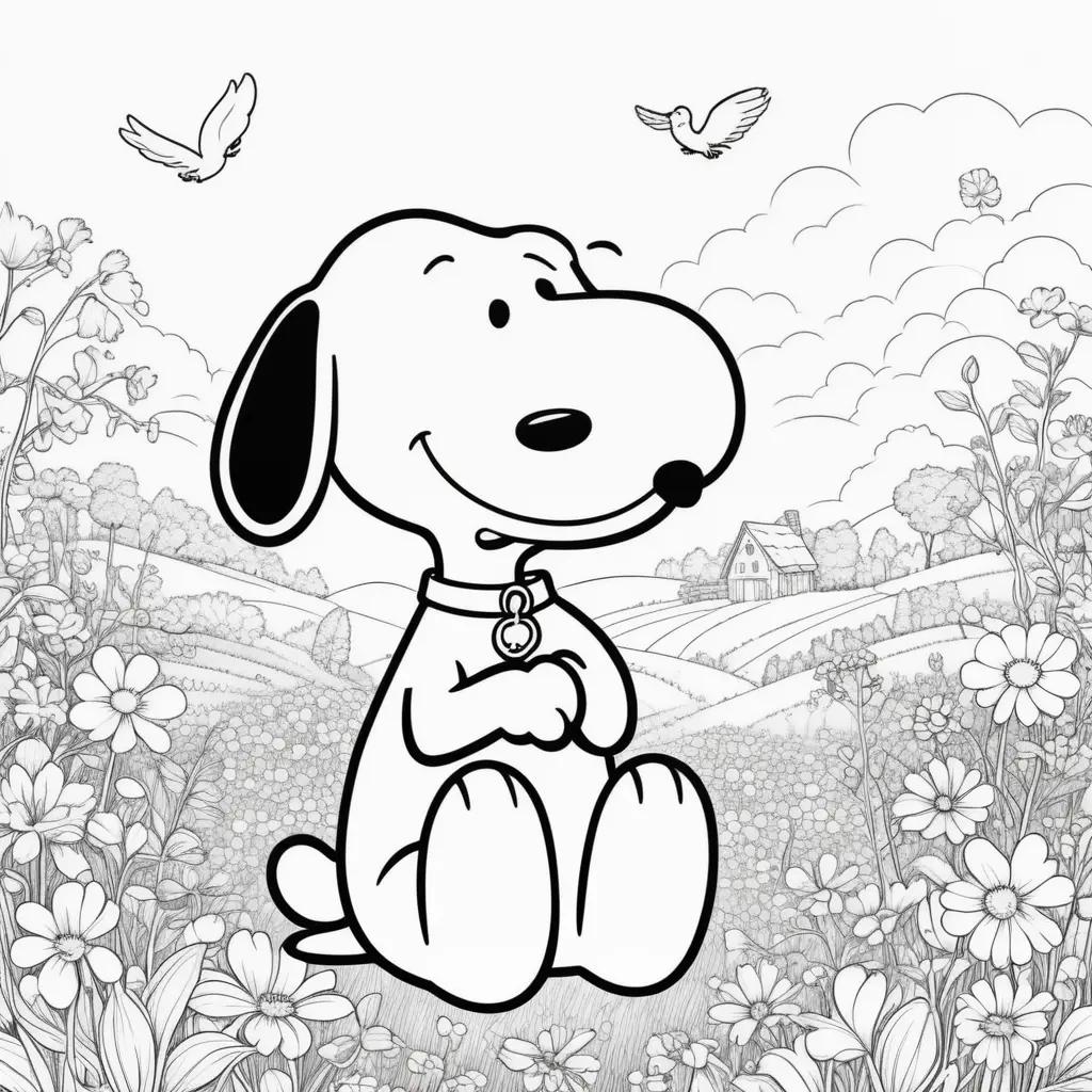 Colorful Snoopy coloring pages with birds in the background