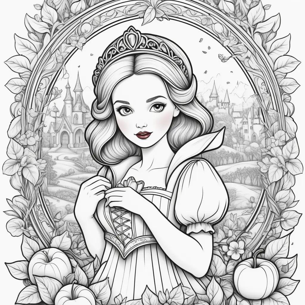 Colorful Snow White coloring pages with a castle and apples