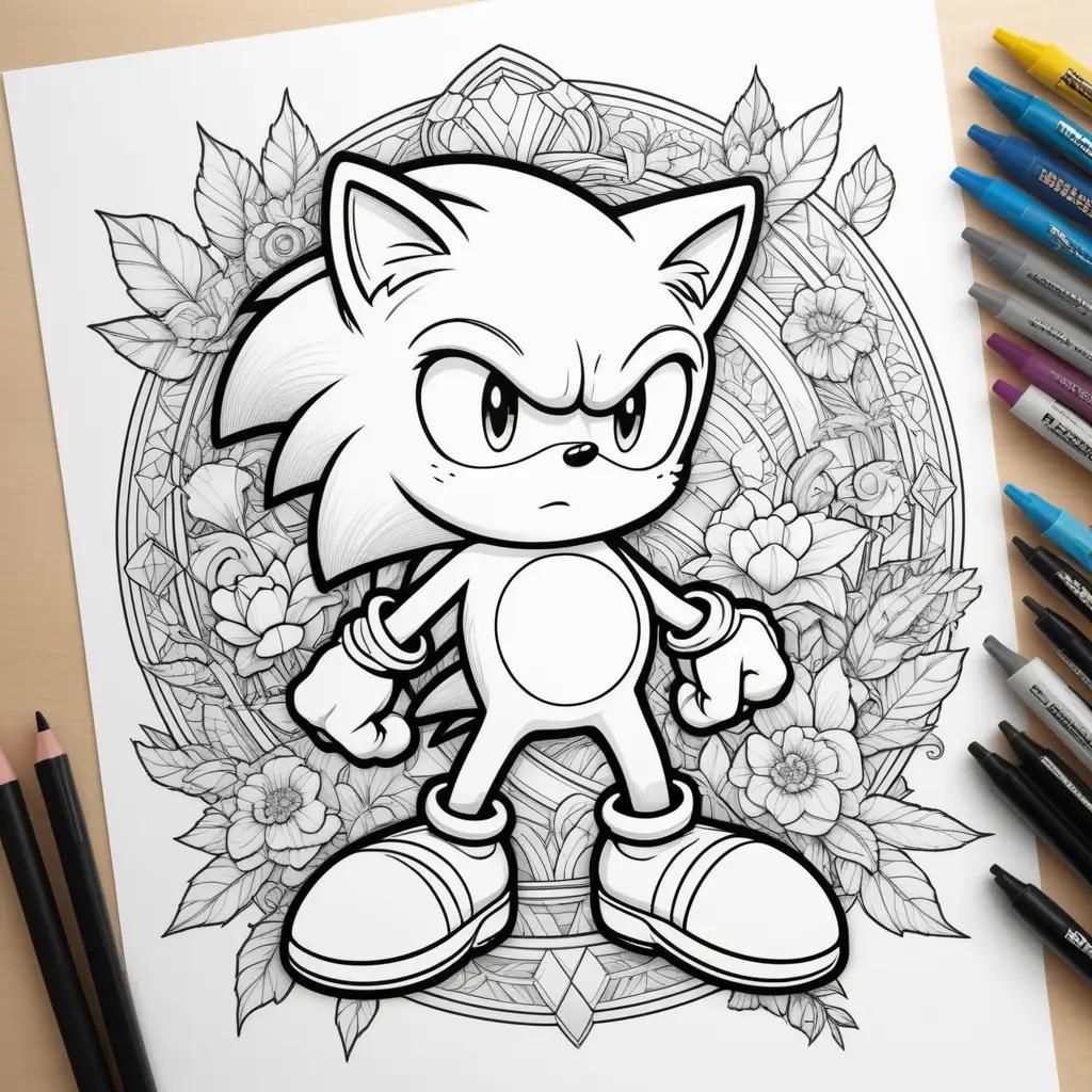 Colorful Sonic coloring pages featuring a black and white illustration of Sonic the Hedgehog